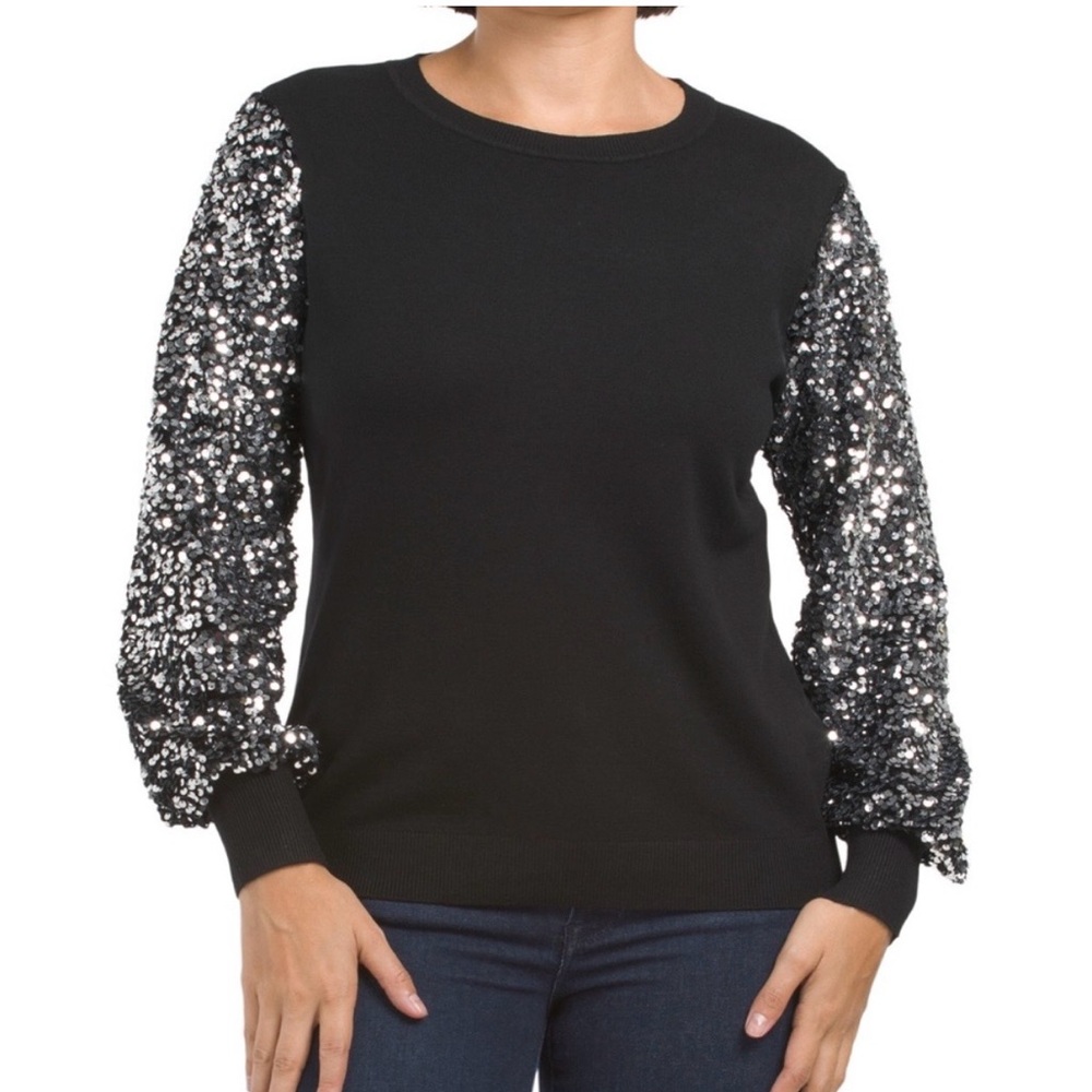 Siani Milano Chic Black Sweater with Silver Sequin Balloon Sleeves Size S